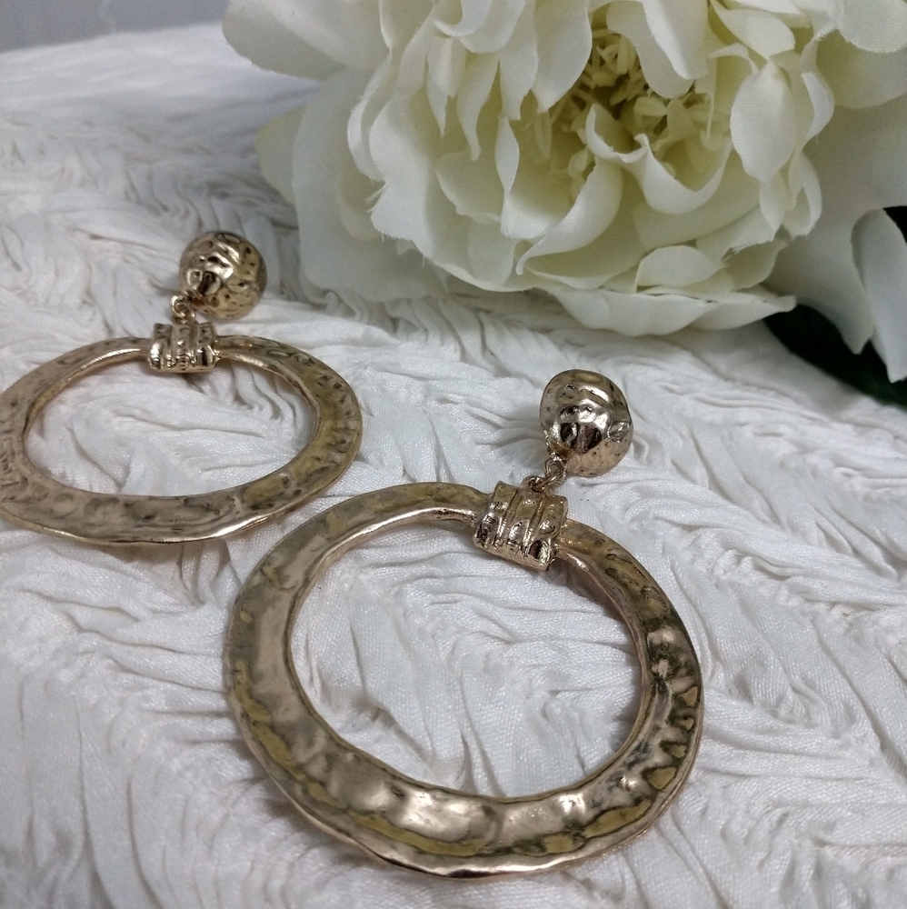 NEW Post Earring Chunky Dangling Hammered Distressed Statement Dangling Goldtone